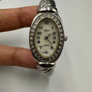 3/$30 Collezio Watch Women Silver Tone Crystal Bezel Ribbed Bangle Band